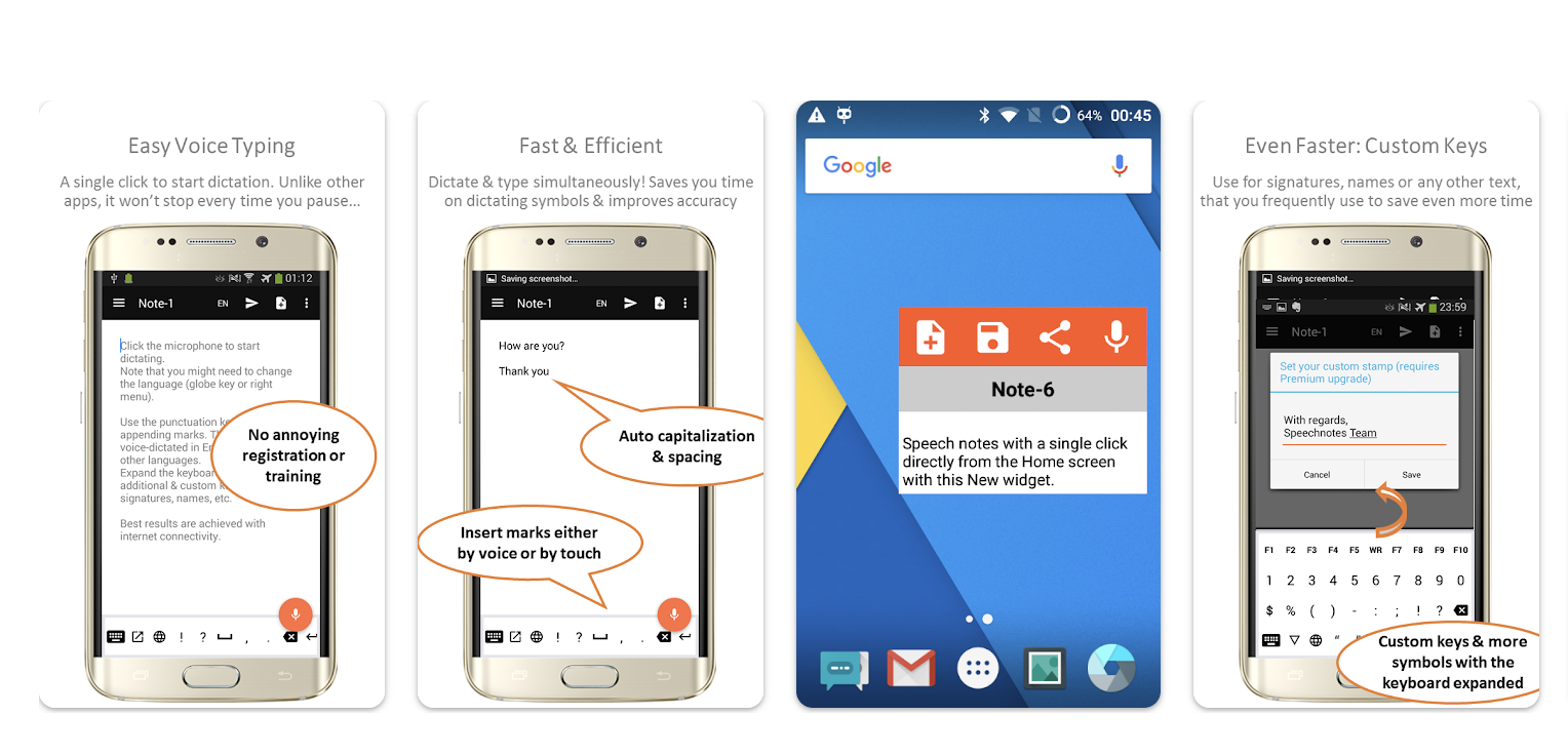 Android voice typing app screenshots showing easy dictation, auto capitalization and spacing, home screen speech note widget, and custom keyboard keys for signatures and symbols