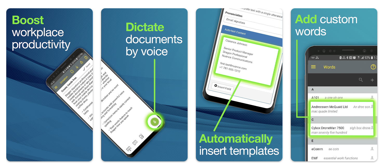 Android voice dictation app screenshots showing document dictation by voice, automatic template insertion, and custom word management to boost workplace productivity