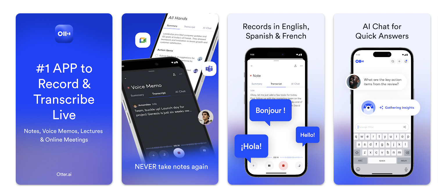 Otter.ai mobile app screens showing live recording and transcription, multilingual support in English Spanish and French, and AI chat for quick answers