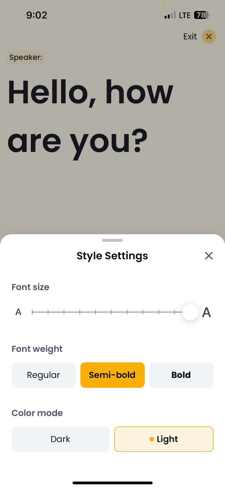 Screenshot of font settings of Rylo Live Transcribe