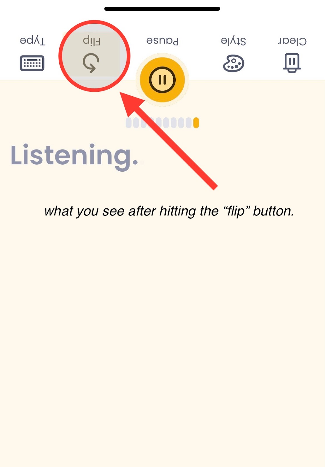 Screenshot of Rylo Live Transcribe “flip” feature