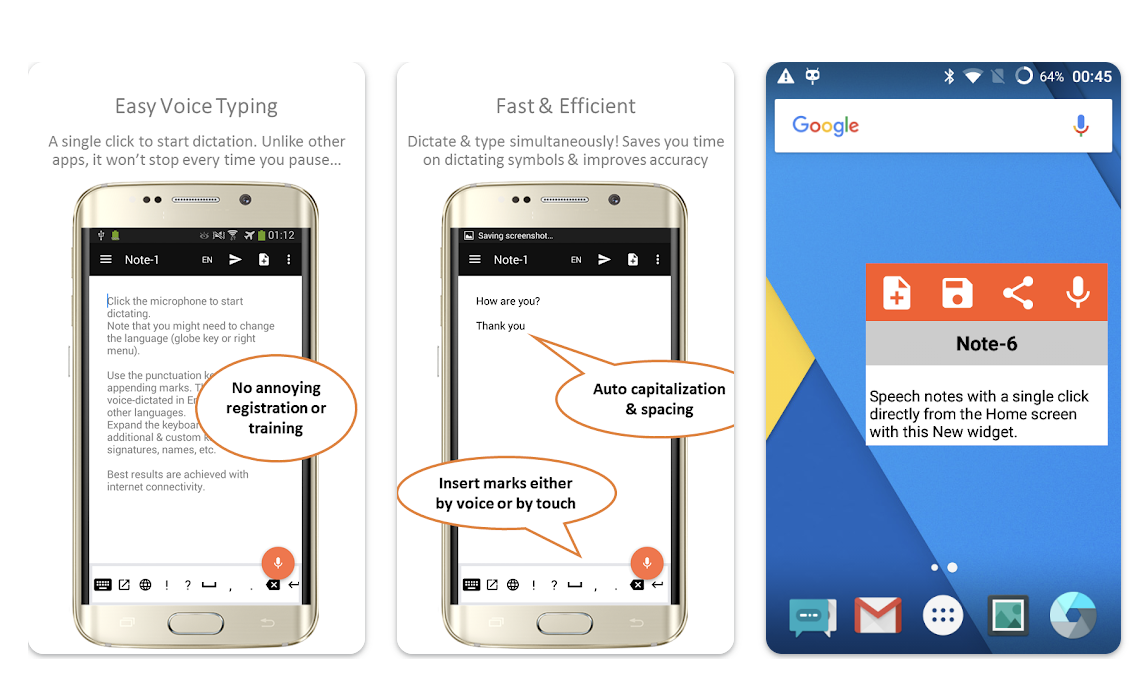 Speech-to-text Android app showing fast voice typing, auto capitalization, and note widget features in 2026