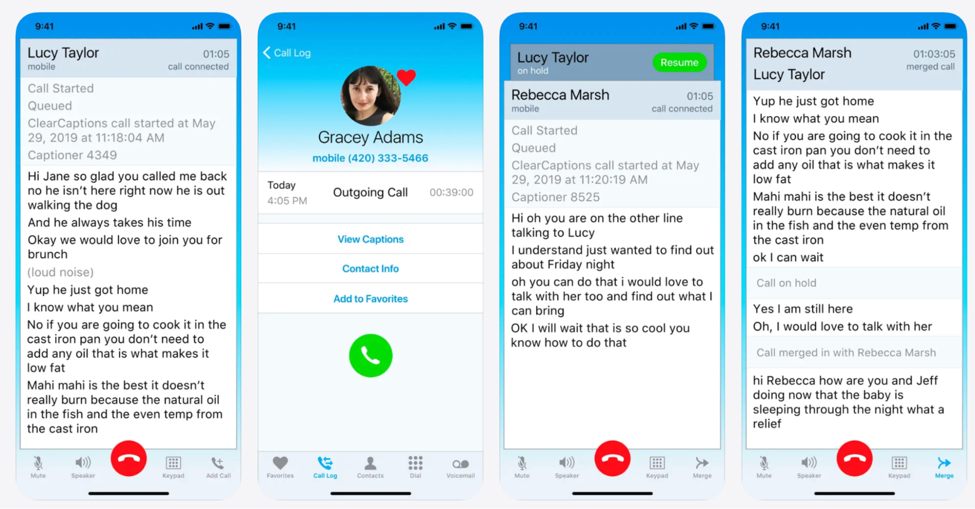 Four ClearCaptions mobile app screens showing live call captions during a phone call, call log with caption history, call on hold with resume option, and merged call with real-time transcribed conversation