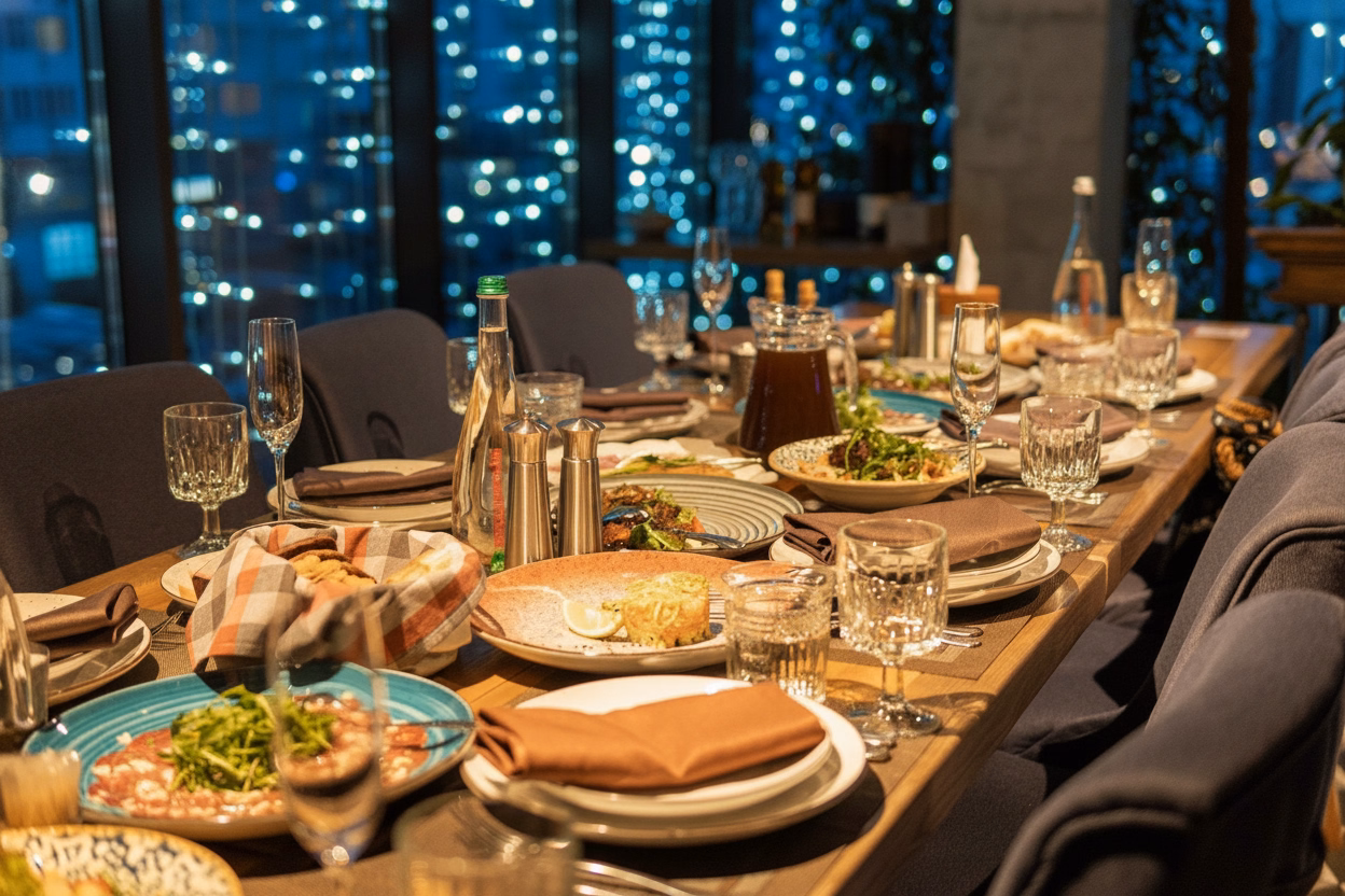 Large dinner table set for a group meal with plates, drinks, and shared dishes, illustrating the communication challenges people with hearing loss may face in noisy restaurants.