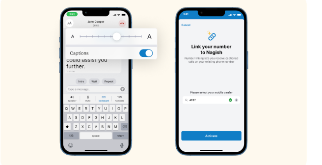Smartphone screens display how to increase the font size and set up number linking in the Rylo (Prev. Nagish) app.