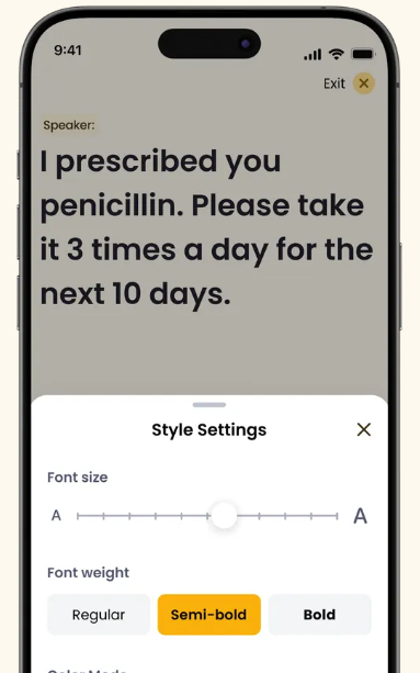 Screenshot of a Rylo Live Transcribe. The text reads: “I’ve prescribed you penicillin. Please take it three times a day for the next ten days.”