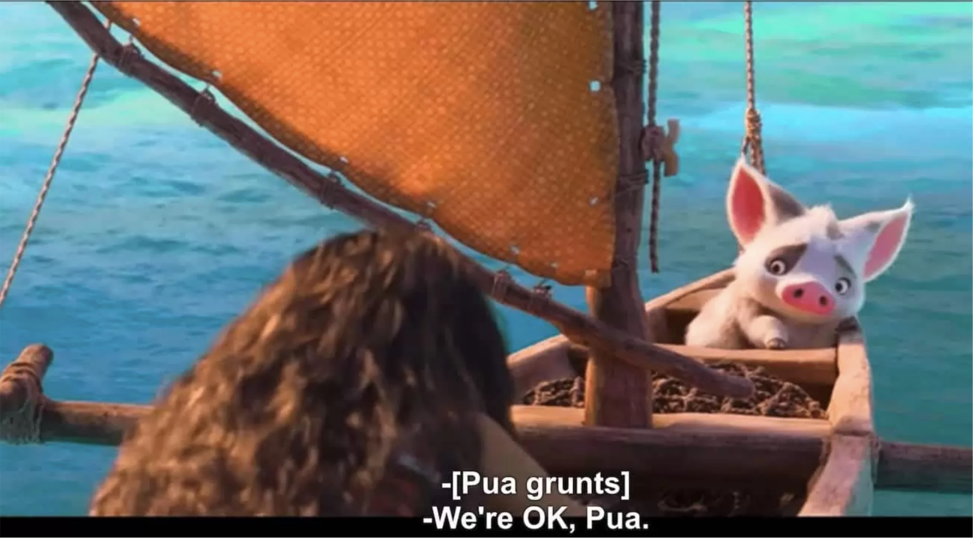 Moana scenes: Featured open caption: - [Pua grunts] - We're OK, Pua