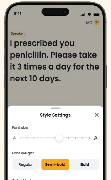 A screenshot of the Rylo Live Transcribe. Text: “I have prescribed you penicillin. Please take it 3 times a day for the next 10 days.”