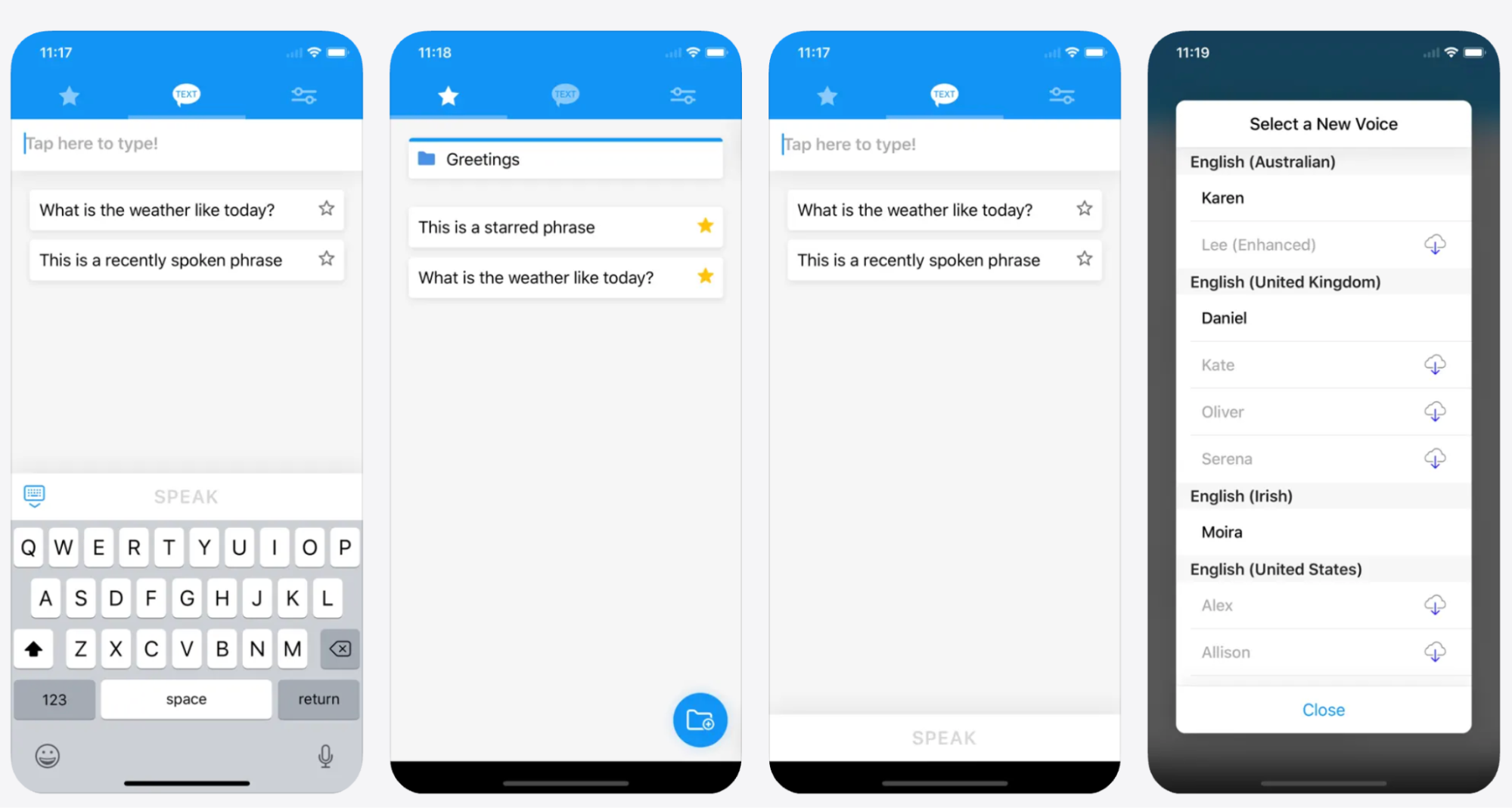 Text-to-speech iPhone app interface showing saved phrases and voice selection settings in 2026