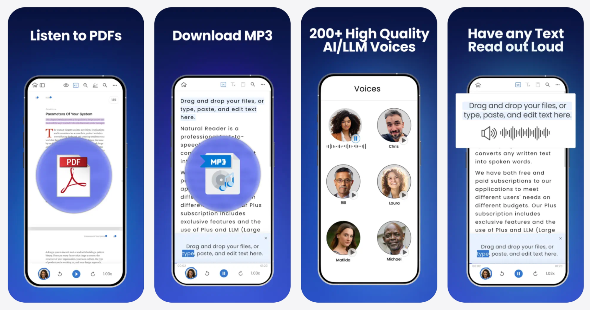 Text-to-speech iPhone app interface showing PDF listening, MP3 downloads, and AI voices in 2026