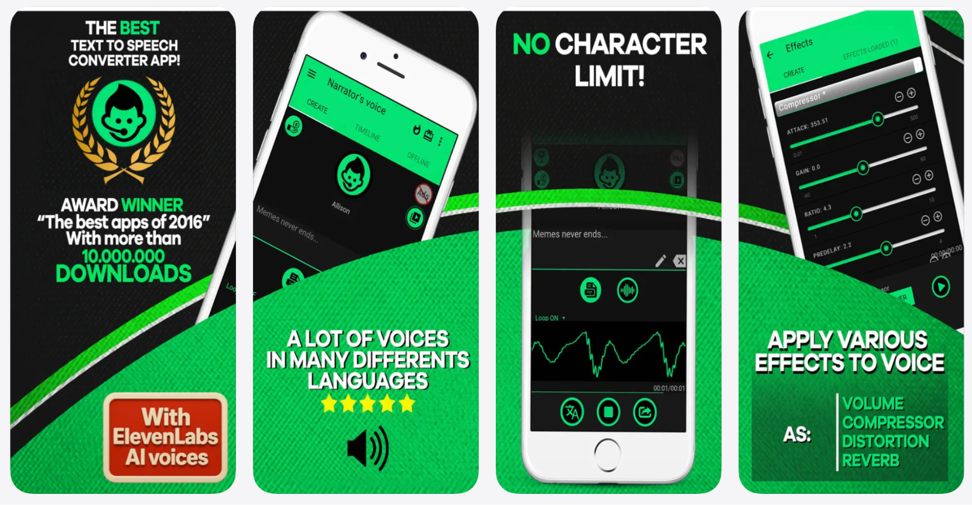 Text-to-speech iPhone app with multiple AI voices, voice effects, and no character limit in 2026