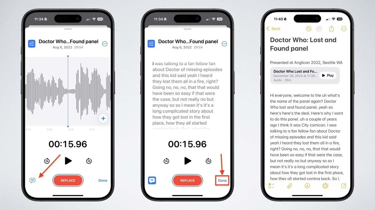 iPhone Voice Memos app showing a recording with its auto-generated transcript