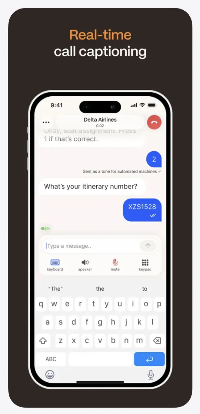 Rylo live call captioning app displaying a real-time transcribed phone conversation, allowing deaf and hard of hearing users to communicate during calls.