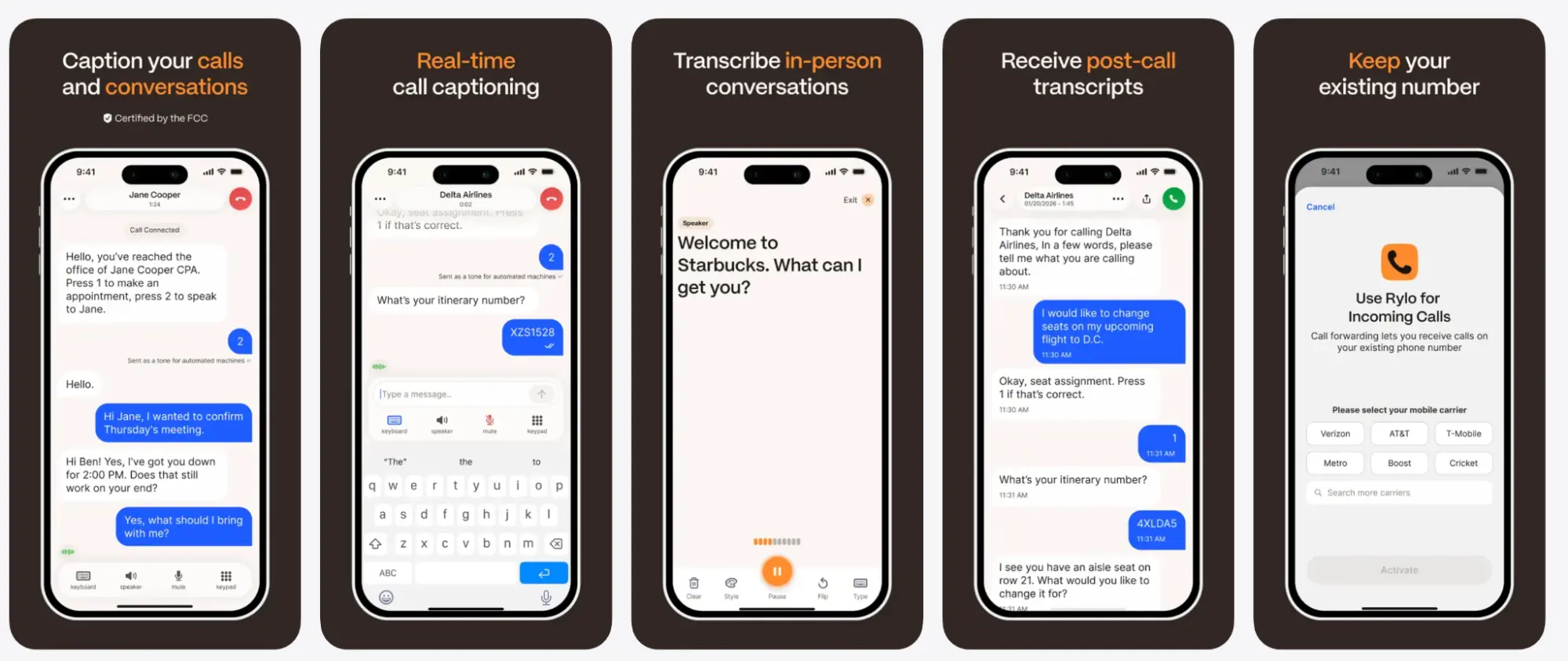 Rylo caption call app showing live phone call captions, real-time conversation transcription, post-call transcripts, and call accessibility features.