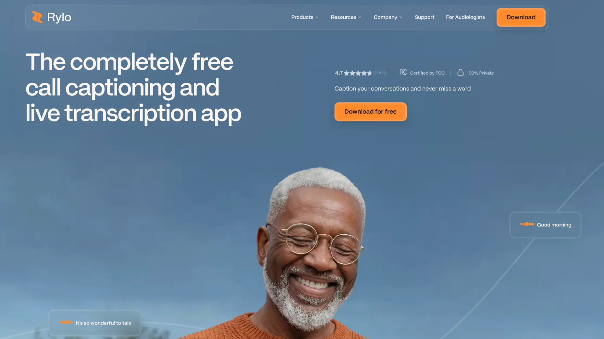 Rylo hearing loss app homepage promoting free call captioning and live transcription features that help users follow conversations and phone calls.