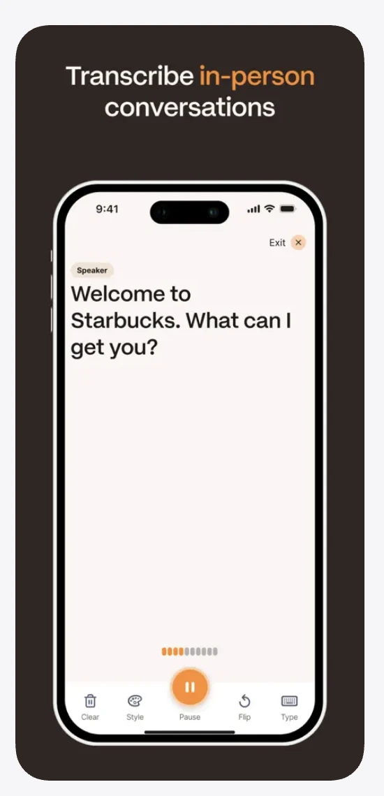 Rylo app displaying live transcription for an in-person conversation, converting spoken words into real-time text to help people with hearing loss communicate.