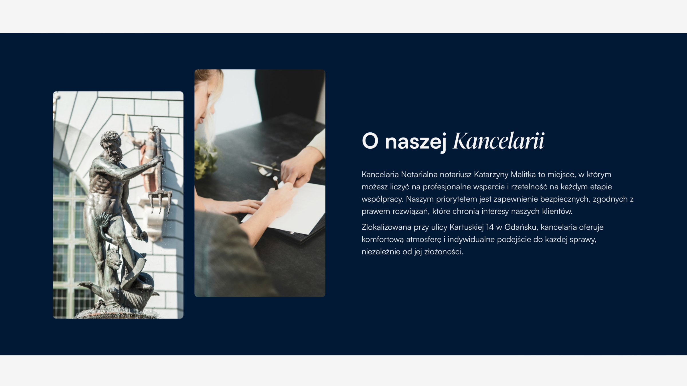 Sekcja strony kancelarii notarialnej przedstawiająca informacje o kancelarii