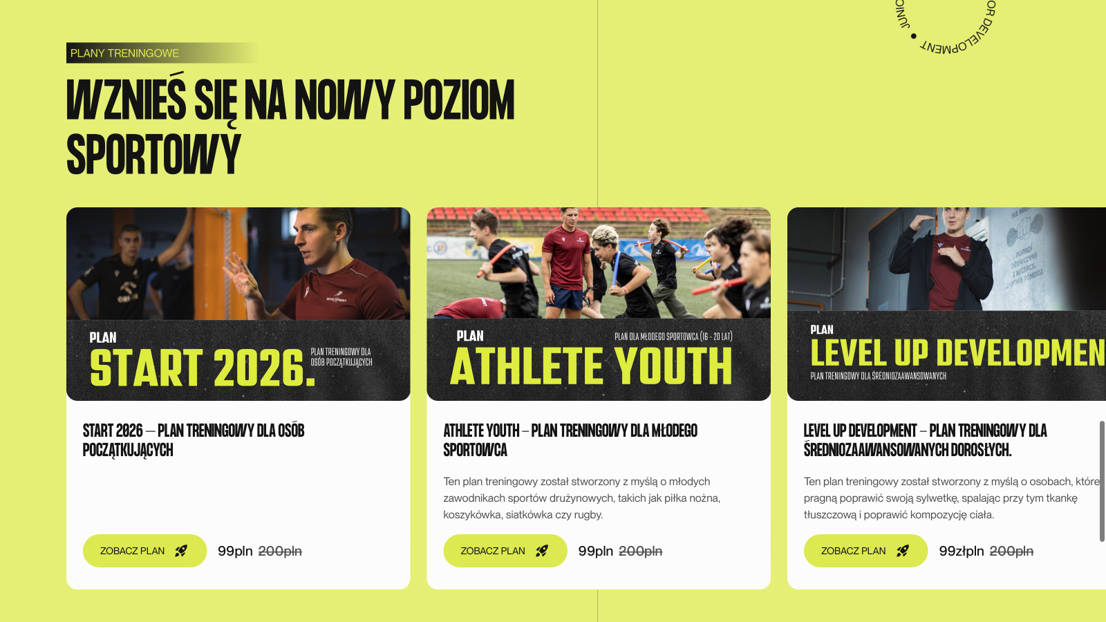 Sekcja strony internetowej Junior Development prezentująca ofertę współpracy treningowej