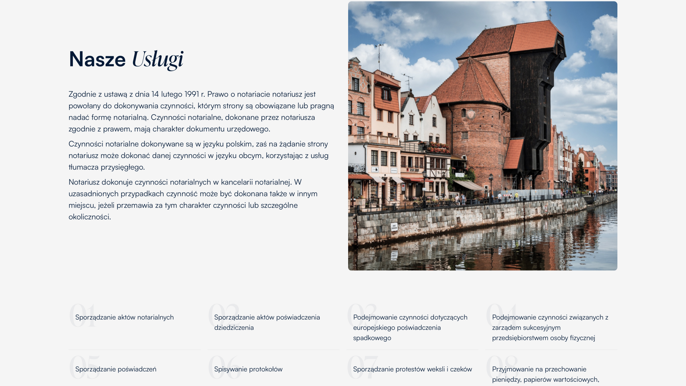 Sekcja strony kancelarii notarialnej prezentująca zakres usług notarialnych