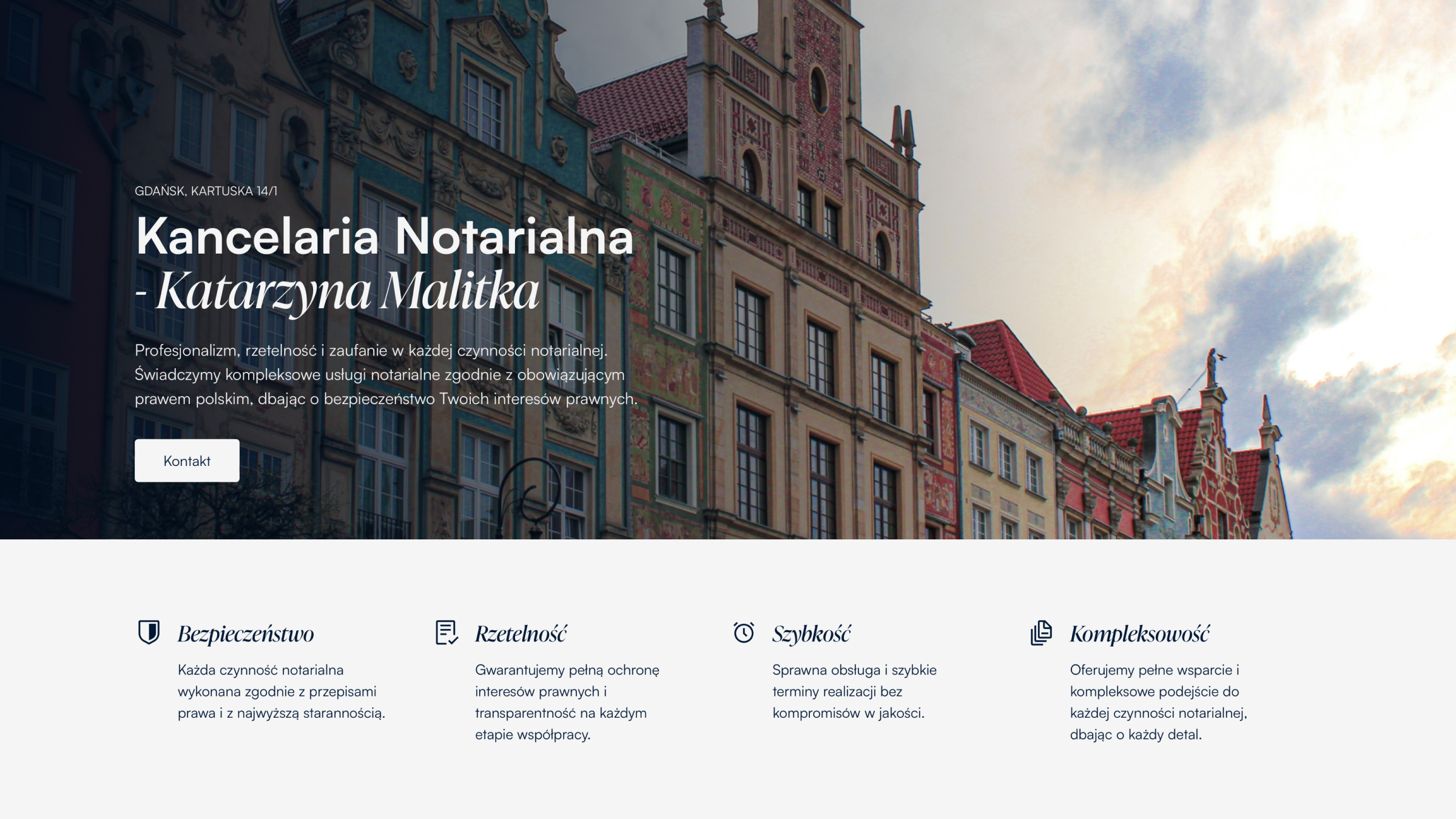Główna sekcja strony internetowej kancelarii notarialnej Katarzyny Malitki
