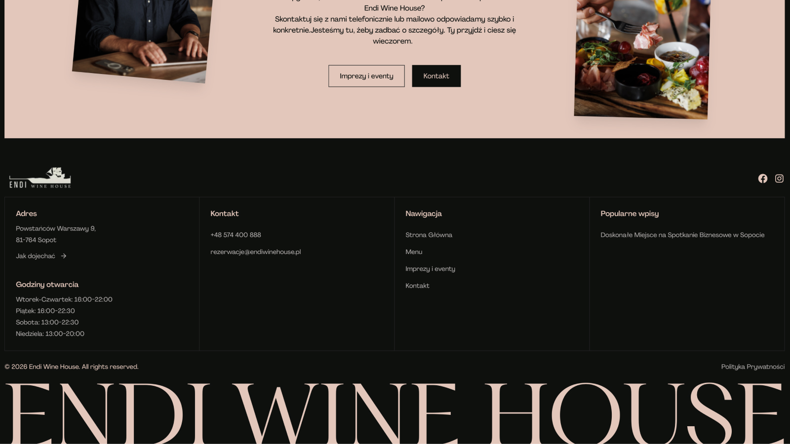 Sekcja strony restauracji Endi Wine House z informacjami i nawigacją strony