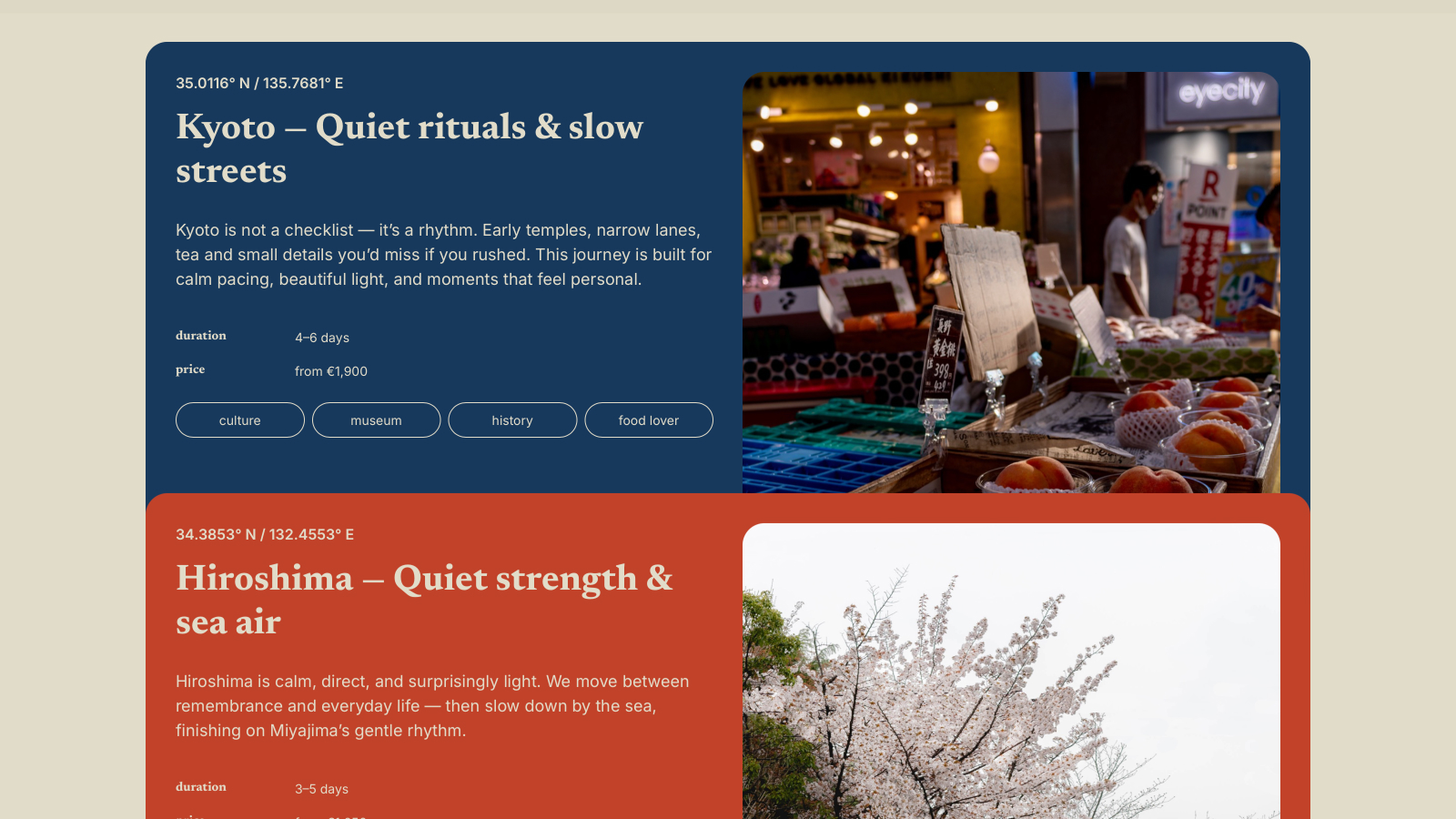 Sekcja strony BIG in Japan prezentująca przykładowe trasy podróży po Japonii