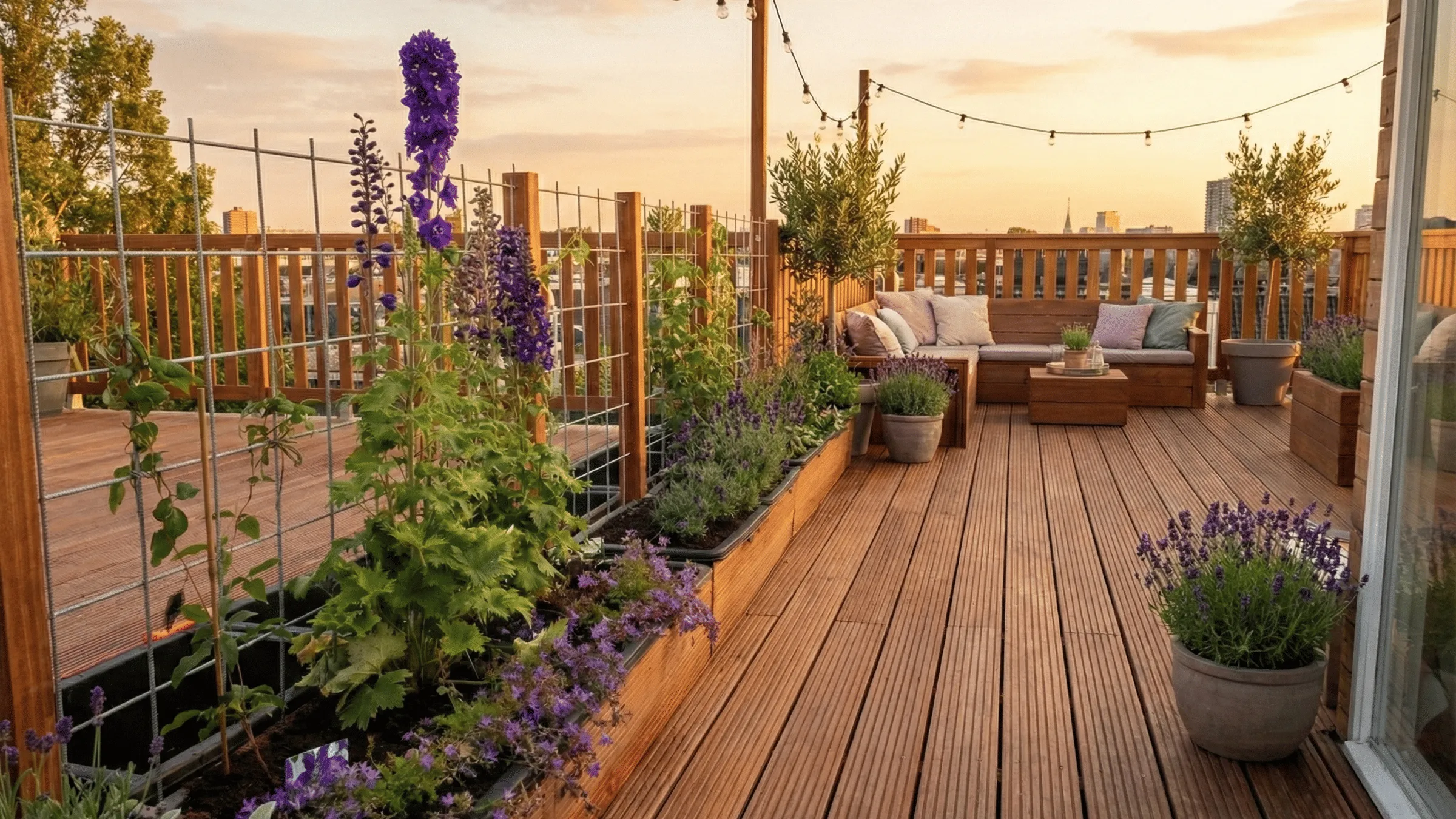 Afgewerkt dakterras in Amsterdam met houten vlonder, sfeerverlichting en bloeiende planten — gerealiseerd door De Dakterras Bouwers