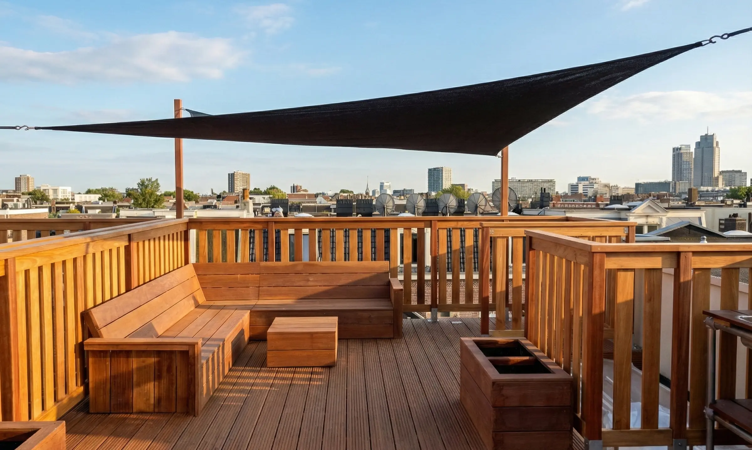 Houten dakterras met ingebouwde zitbanken en uitzicht over de Amsterdamse skyline — vakwerk van De Dakterras Bouwers