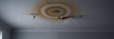 Ceiling with a large brown water stain surrounded by cracks and peeling paint.