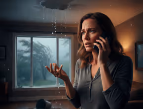 Worried woman talking on phone inside a room with water leaking from the ceiling during a storm outside.