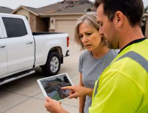 Man in a neon safety shirt showing a tablet screen with landscaping plans to a woman outside near a white pickup truck.