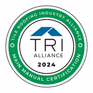Logo of TRI Alliance 2024 with a blue roof icon and a green circular border reading Tile Roofing Industry Alliance Main Manual Certification.