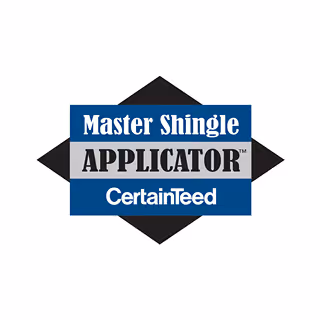 Master Shingle Applicator CertainTeed badge with bold text on blue and gray background shapes.