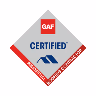 GAF Certified Residential Roofing Contractor badge with a red GAF logo and blue text on a diamond-shaped background.