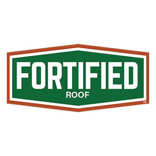 Fortified Roof logo with white text on a green shield-shaped background outlined in brown.