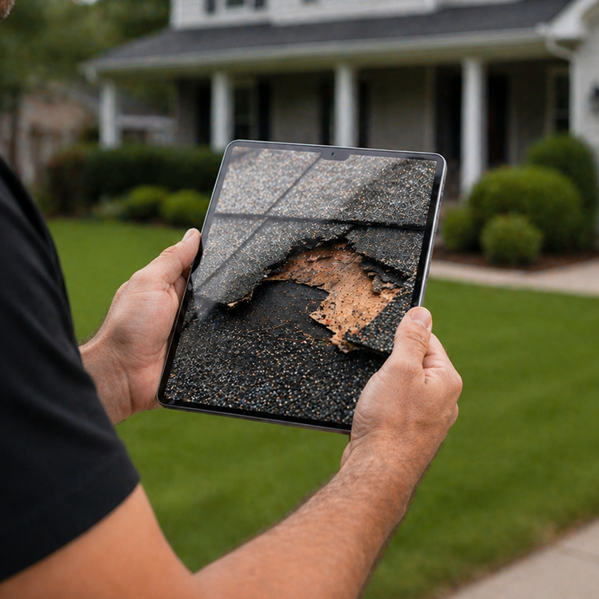 Close-up of damaged shingle piece used for hail damage assessment
