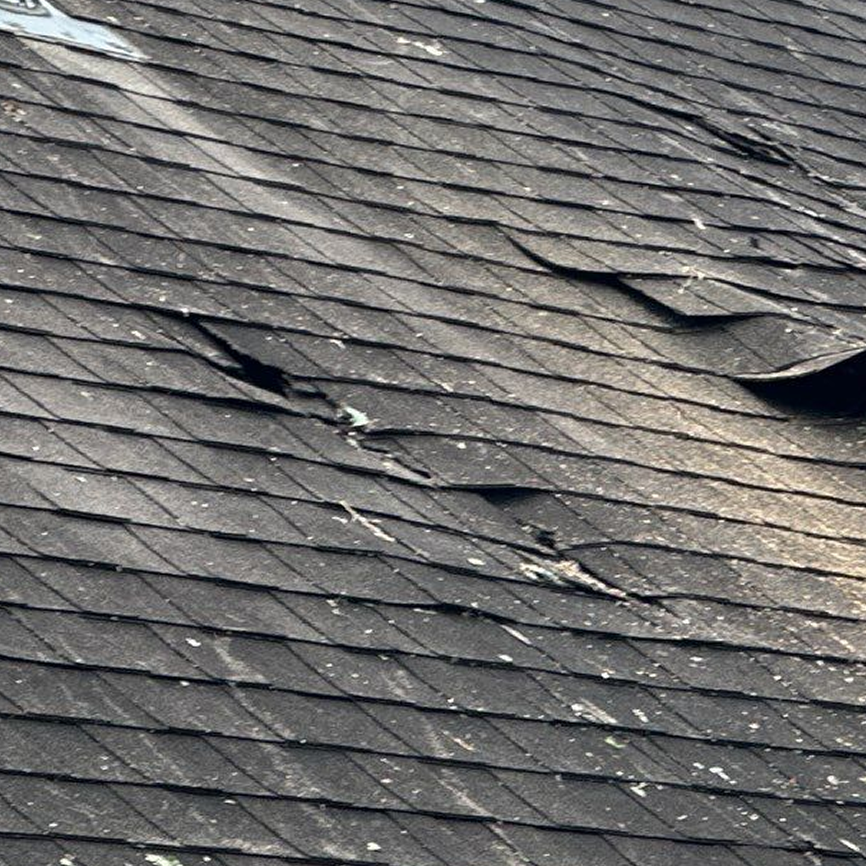 Roof gutter and shingles showing wear and damage from hail storm