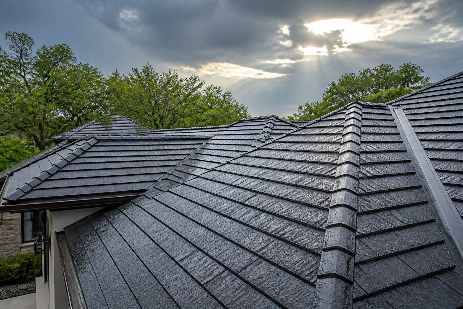 Close-up of wet black synthetic roofing tiles on a house with green trees and cloudy sky in background.