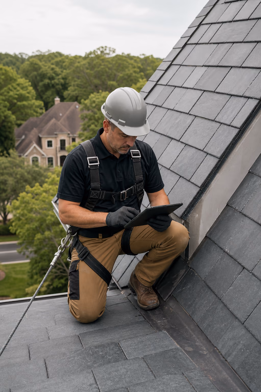 Roof inspector wearing safety harness and helmet kneels on roof using a tablet device.
