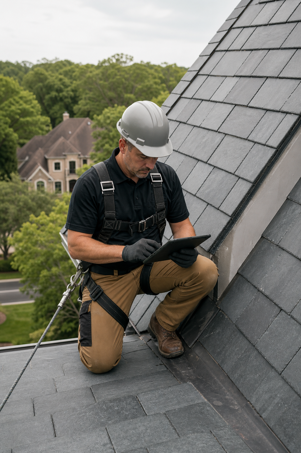 Roof inspector wearing safety harness and helmet kneels on roof using a tablet device.