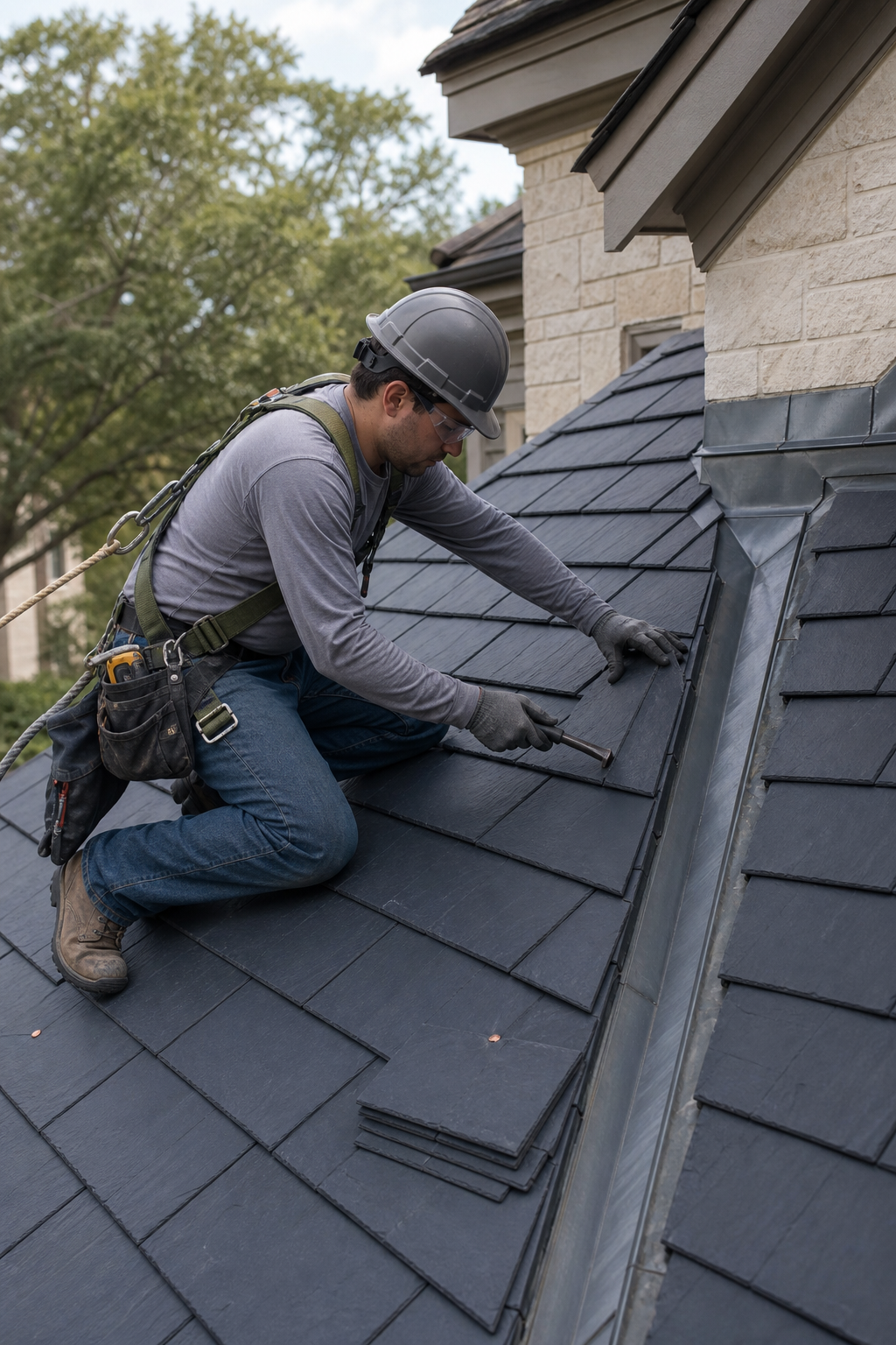 Roofer wearing helmet and harness kneeling while installing dark slate shingles on a steep roof.