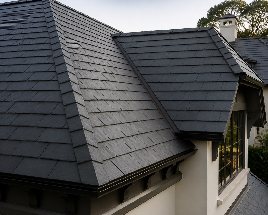 Close view of a finished synthetic slate roof system