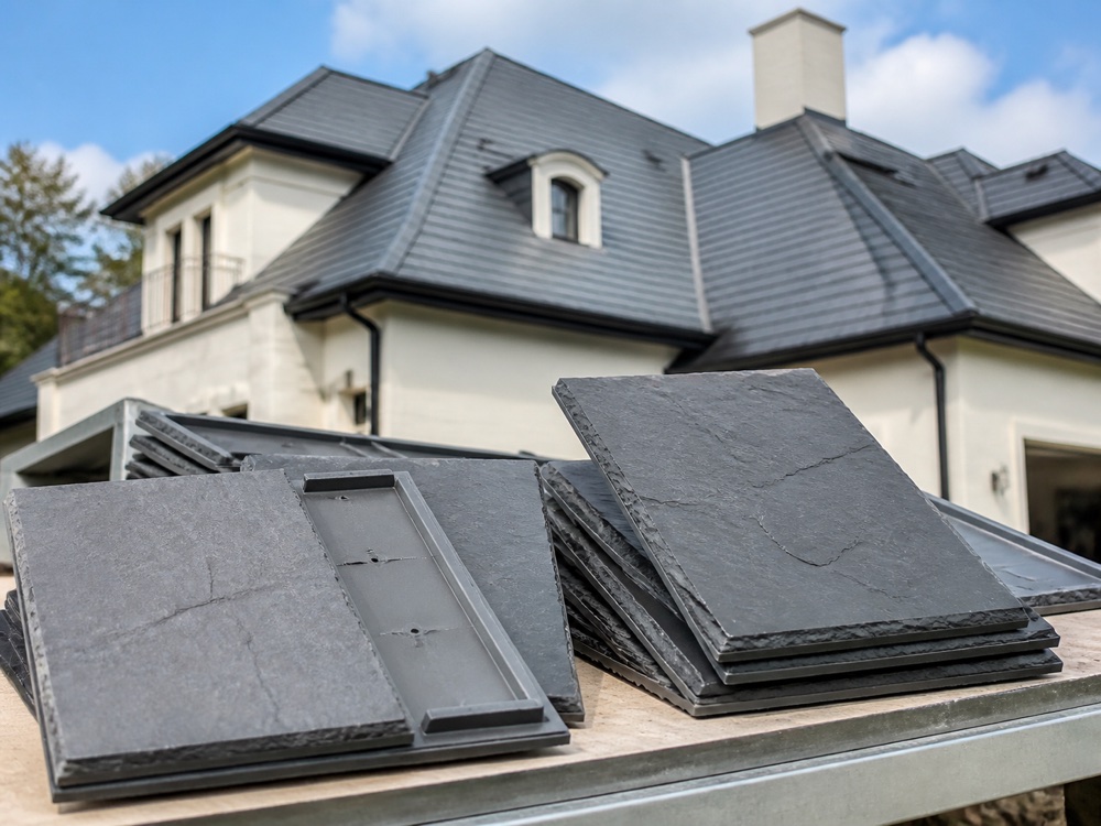 Synthetic slate roofing samples displayed beside a completed home