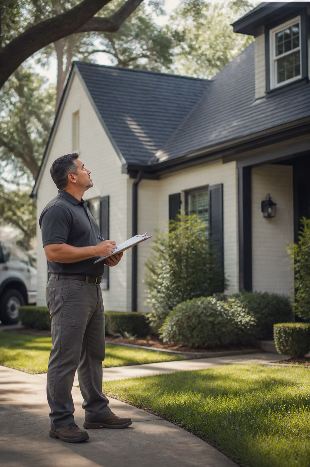 Local Houston roofing professional evaluating a residential synthetic roof