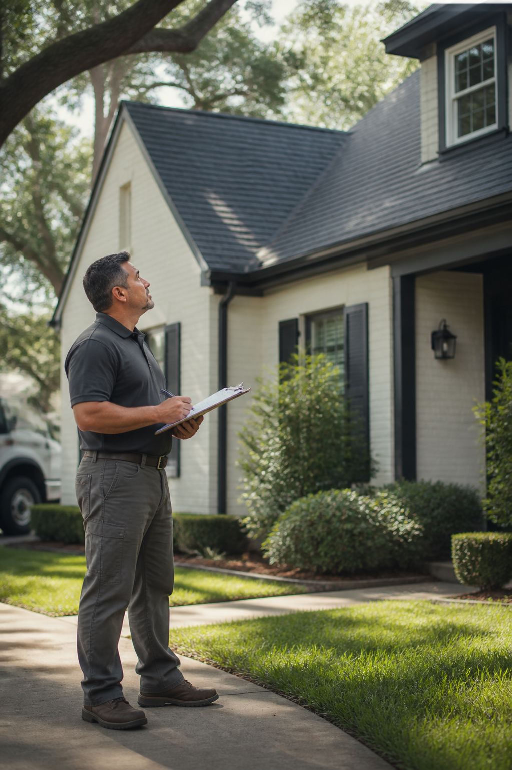 Local Houston roofing professional evaluating a residential synthetic roof