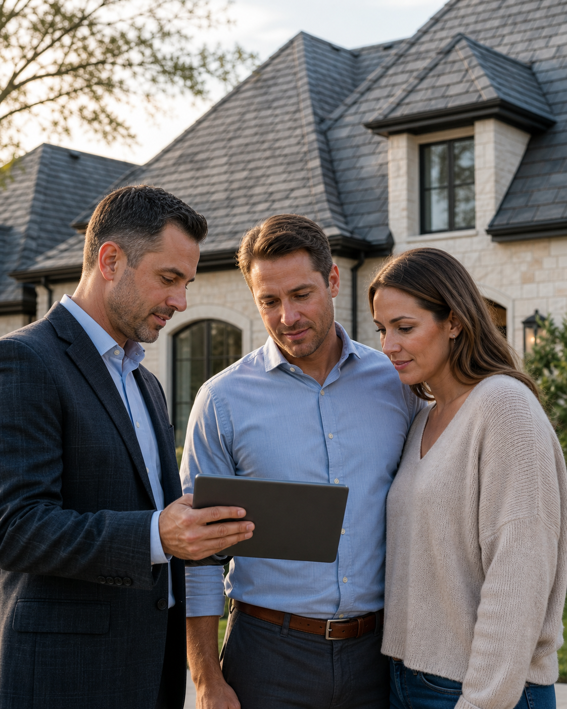 Houston homeowners reviewing a synthetic roofing assessment with a roofing professional
