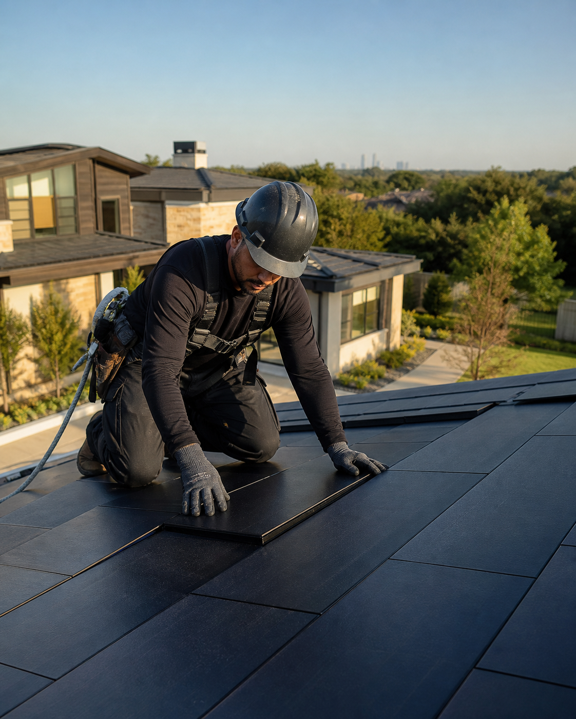 Level 7 Tesla Solar Roof specialist installing roof tiles