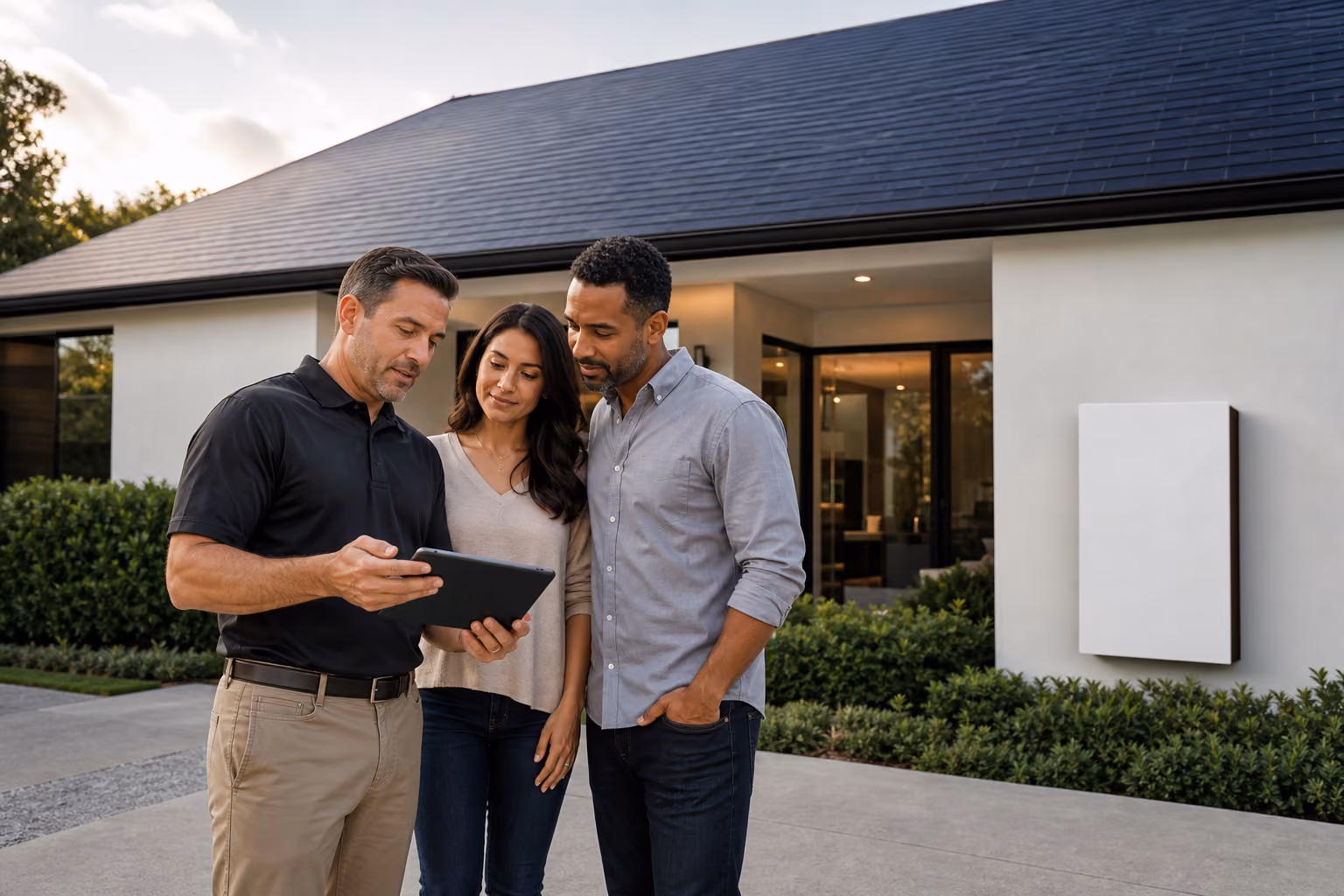 Level 7 specialist reviewing a Tesla Solar Roof and Powerwall system with Houston homeowners