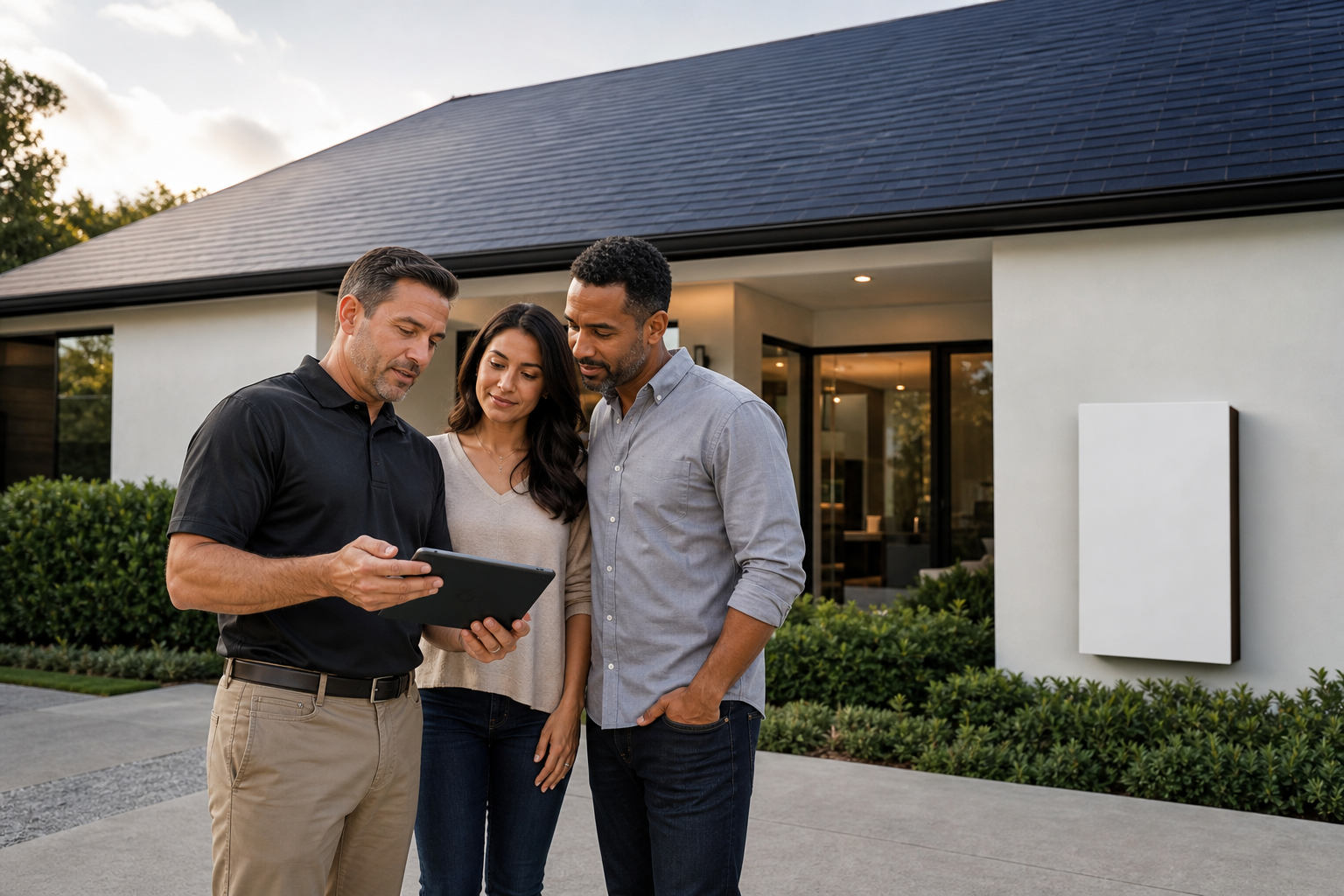 Level 7 specialist reviewing a Tesla Solar Roof and Powerwall system with Houston homeowners