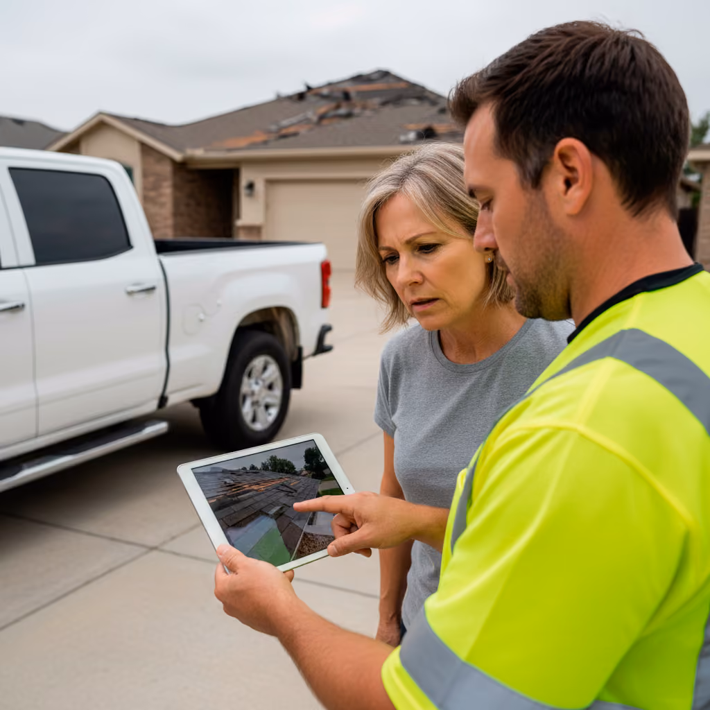 Level 7 professional explaining roof work